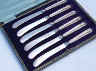 Cased Set Of Six Antique Butter Knives With Silver Handles - James Deakin