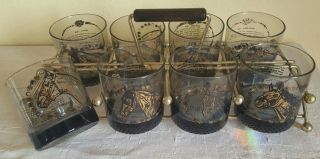 Kentucky Derby Mid Century Modern Set Of 8 Rocks Glasses W/ Caddy Carrier Rare