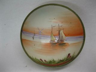 Vintage Hand Painted Scenic Nippon Footed Bowl Sail Boats Windmills Old Antique