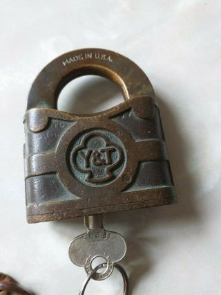 Yale And Towne Vintage Large Heavy Bronze Padlock With Key And Steel Chain