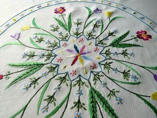 Vintage Hand Embroidered Tablecloth=exquisite Circle Of Delicate Flowers