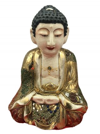 Antique Japanese Enamelled Porcelain Figure Of Buddha Seated C1920s