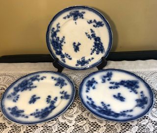 3 Antique W.  H.  Grindley Flow Blue 10” Dinner Plates