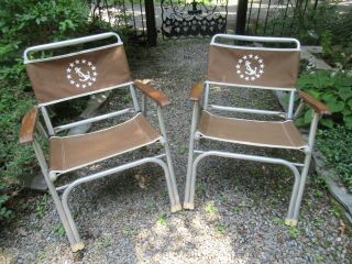 Eez - In Vintage Nautical Aluminum Folding Deck Chairs Boating Rare Brown Canvas
