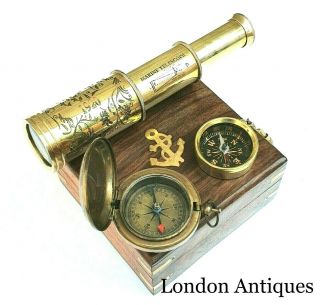 Antique Compass Vintage Brass Chrome Nautical 2 " Inch Wooden Box Steampunk Retro