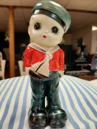 Vintage Rare Big Eyed Celluloid Sailor Boy Rattle Doll Toy
