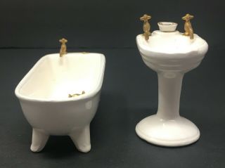 Vintage Dollhouse Miniature Shackman Porcelain White Bathtub Tub & Sink Bathroom