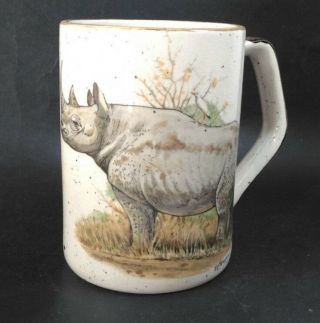 Rare Vintage Japan Speckled Stoneware Coffee Cup Mug Rhinoceros Safari