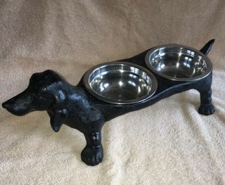 Rare Vintage Dachshund Cast Iron Dog Food Water Dish Bowl Stand