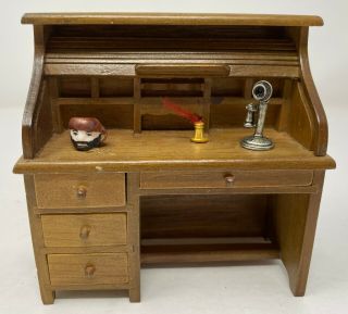 Vintage Dollhouse Miniature Wood Secretary Desk & Accessories Furniture