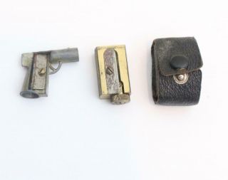 2 X Vintage / Antique Pencil Sharpener One Shaped As Revolver One With Gauge