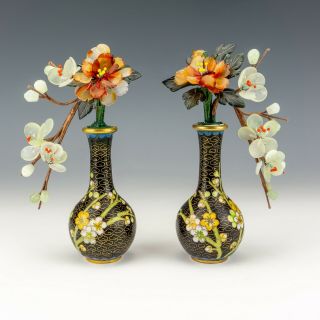 Vintage Chinese Cloisonne Oriental Prunus Vases - With Hardstone Flowers