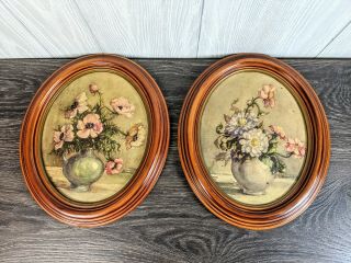 Set Of 2 Vintage Oval Framed Victorian Art Prints Flowers Signed Hugo Schmidt