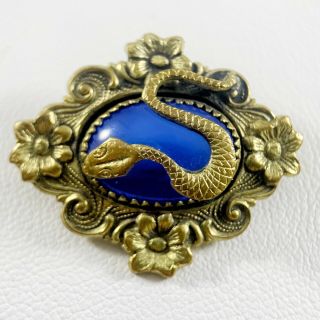 Antique Victorian Art Nouveau Gilt Brass Blue Glass Snake Serpent Pin Brooch