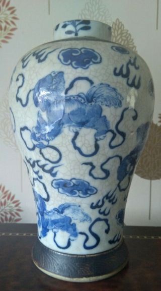 Large Heavy Chinese Qing Guangxu Blue White Crackle Glaze Porcelain Shishi Vase