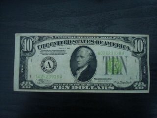 1934 $10 Ten Dollar Bill Federal Reserve Note Rare Usa Money Light Green Seal