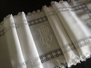 Stunning Antique Irish Linen Long Table Runner Drawn Thread/lace/monogram 69x18”