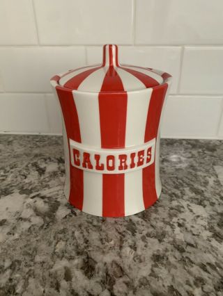 Rare Jonathan Adler Vice Calories Red And White Stripped Porcelain Canister Jar