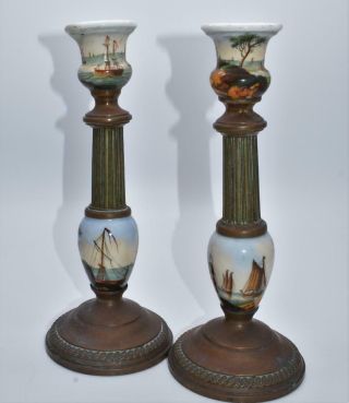 Rare Pair Antique 19thc Copper & Porcelain Candlesticks - Handpainted