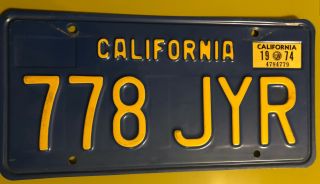 Vintage 1974 California Blue And Yellow License Plate
