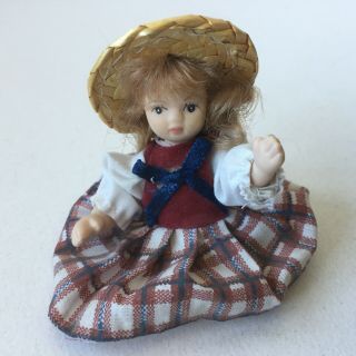 Vintage Ceramic Miniature 3 Inch Doll Dressed With Straw Hat