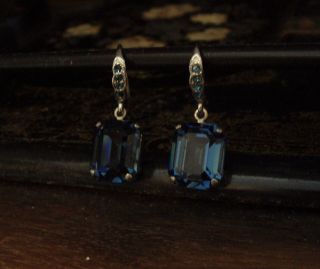 Vintage Deco Montana Blue Emerald Cut Crystal Drop Earrings.  Very Downton Abbey