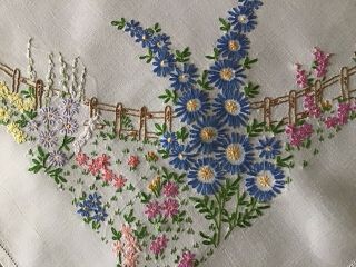 Gorgeous Vintage Hand Embroidered Tablecloth Meadow Florals/fencing