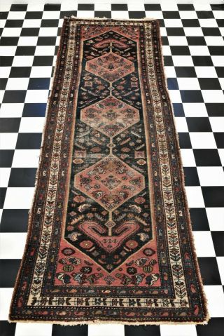 Old Hand Knotted Hamadan Wool Pile Runner Rug Circa 1940