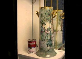 Rare Art Nouveau Bavaria 14 " Tall Vase W Antique Romantic Scene Of Lady & Man
