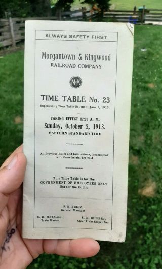 Rare 1913 Morgantown And Kingwood Wv Railroad Time Table M&k Rr West Virginia