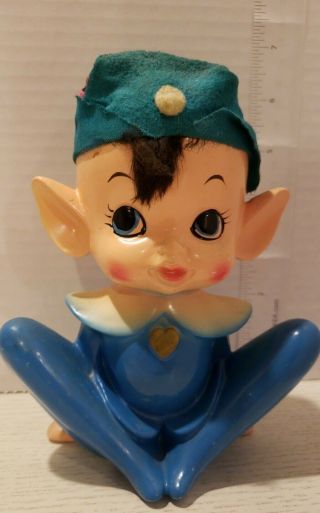 Vintage Rare Pixie Elf Ceramic Figurines Blue With Felt Hat And Feather 101