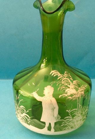 Antique Mary Gregory Green Glass Decanter,  7.  5” (19cm) Tall,  Conditio