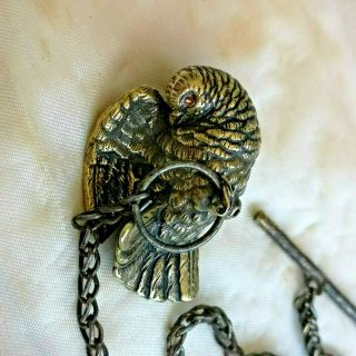 Unusual Very Old Antique Solid Cast Brass Pigeon Figurine On Old Watch Fob Chain