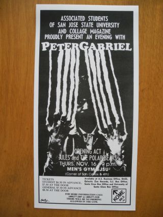 Peter Gabriel - 1978 Concert Poster At San Jose State U,  Ca (15 " X8 ") Very Rare