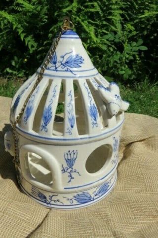 Vintage Porcelain Handpainted Chinese Bird Feeder Rare Blue&white Gazebo W/chain