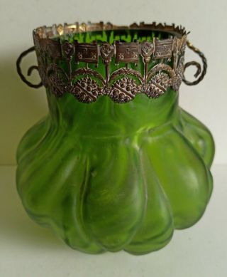 Art Nouveau Loetz Style Green Glass And Pewter Decorative Vase