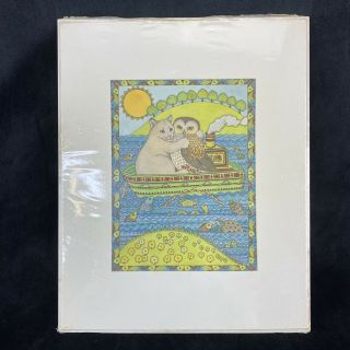 The Owl And The Pussy Cat Matted Lithograph Print 8x10 Vintage - Caroline Ebborn
