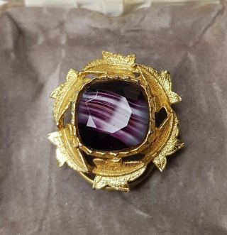 Rare Scottish Vintage Purple Agate Gold Tone Scarf Clip Gift Costume Jewellery
