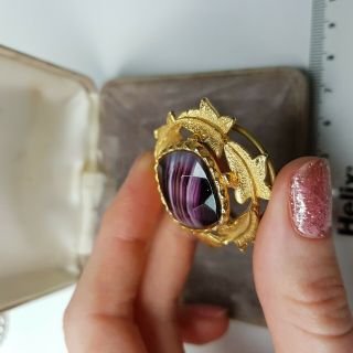 Rare Scottish Vintage Purple Agate Gold Tone Scarf Clip Gift Costume Jewellery 3