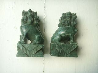 Old Vintage Chinese Carved Green Stone Dogs Of Foo Guardian Lions China