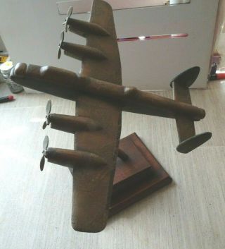Vintage Hand Crafted Wooden Lancaster Bomber In Need Of Restoration,  With Stand