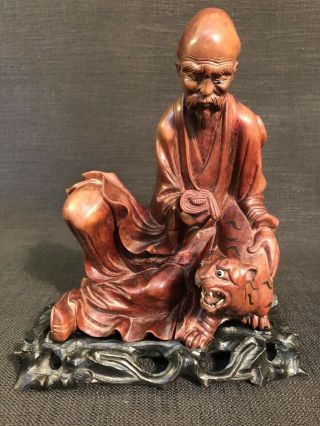 Vintage Oriental Carved Hardwood Figurine Of A Scholar With A Tiger,  With Stand