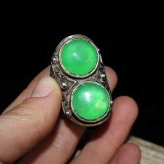 Old Chinese Tibet Silver & Green Jadeite Jade 2 Beads Handwork No.  7 - 12 Ring