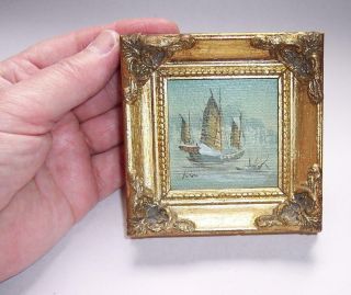 Vintage Antique MINIATURE Oil PAINTING Of CHINESE JUNK Boat - Signed 2