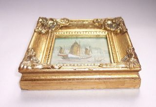 Vintage Antique MINIATURE Oil PAINTING Of CHINESE JUNK Boat - Signed 3
