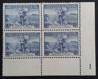 Rare 1936 Australia Plate Blk1 4x3d Blue Tasmanian Cable Opening Stamps Var