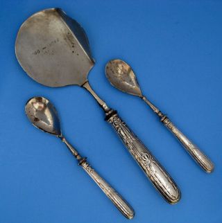 Antique Vintage 800 Silver Set Serving Shovel & 2 Dessert Spoons Circa 1900’s