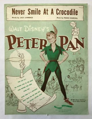 Peter Pan Never Smile At A Crocodile Vtg Sheet Music Disney 1952