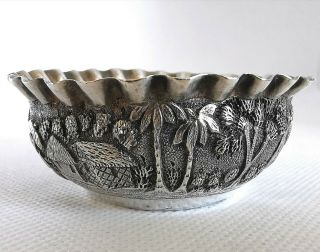 Rare 19th Century Anglo Indian Embossed Village Small Silver Bowl (marked)