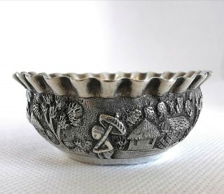Rare 19th Century Anglo Indian Embossed Village Small Silver Bowl (marked) 2